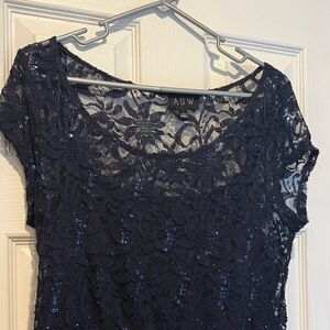 AUW Navy Lace Sequin Scoop Neck Top